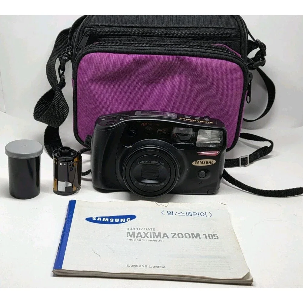 Samsung Maxima Zoom 105 35mm Film Cam Bundle w/ Case, Manual & Kodak Film Tested